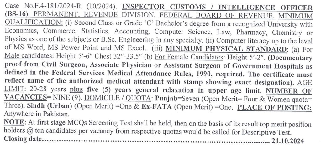 FBR Inspector Customs Jobs 2024 by FPSC Advertisement